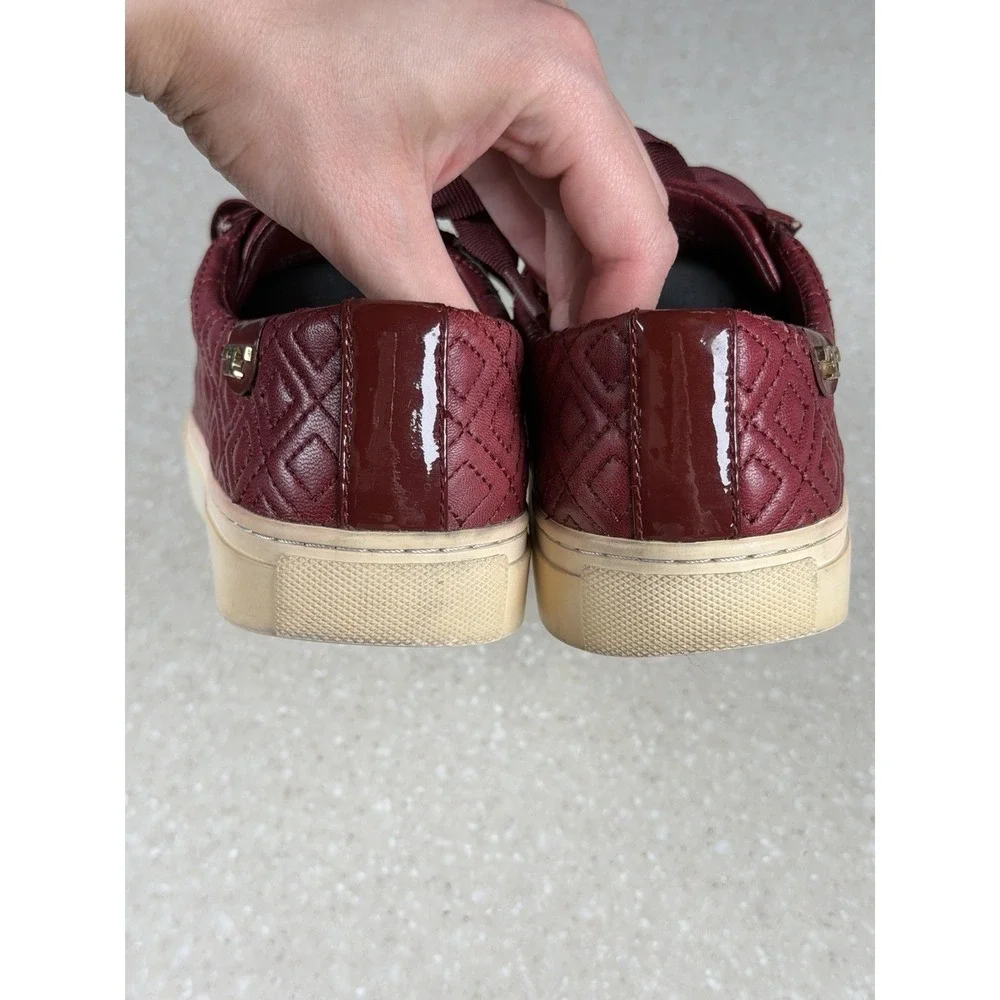 Tory Burch Marion Quilted Leather Logo Ribbon Laced Sneakers Red Burgundy 5.5M